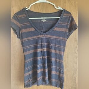 Banana Republic Navy and Brown Striped V-Neck Tee